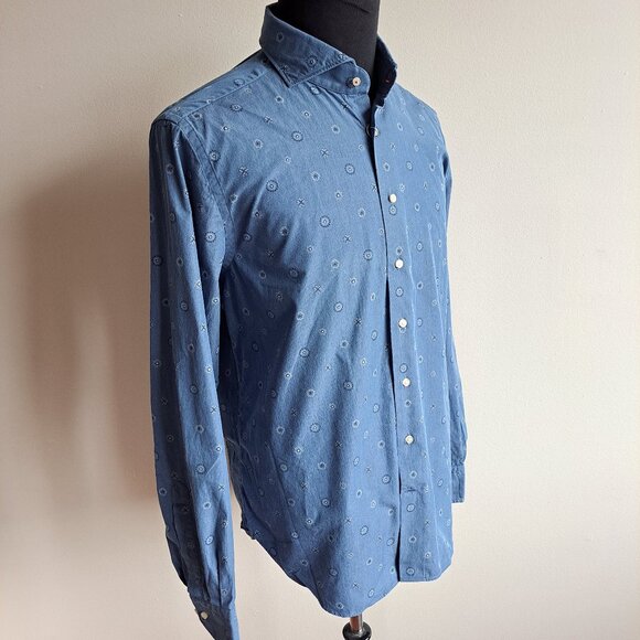 NEW Emanuel Berg Men's Floral Blue Button Down Shirt Size 43 L/XL